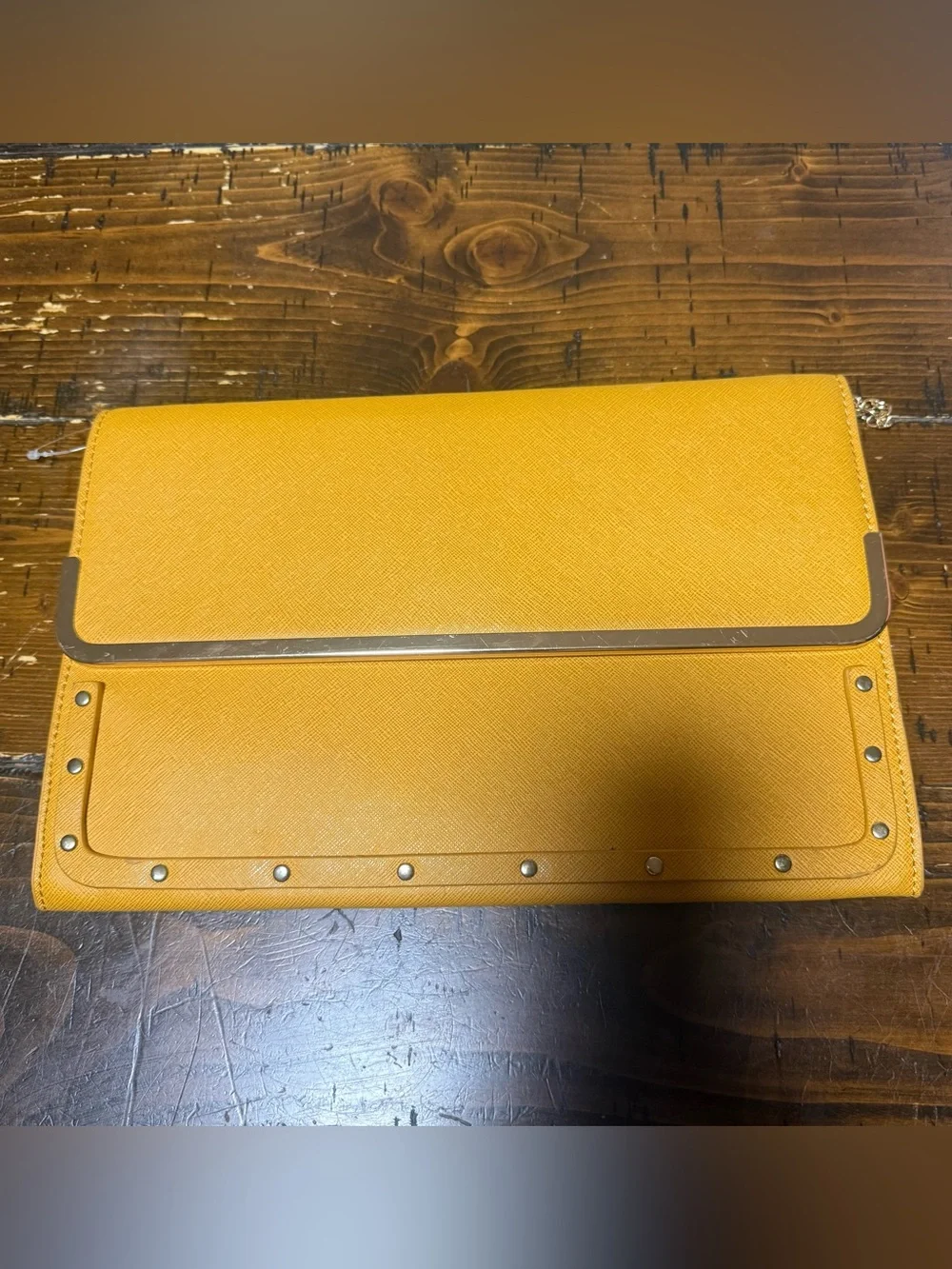Stunning Saffron Yellow Faux Leather Clutch Bag with Gold Shoulder Chain Strap